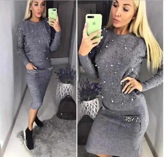 grey Осенние комплекты из двух предметов, Женский вязаный костюм, топы с длинными рукавами, свитер с жемчугом, бисероплетенные карманы, юбки-карандаш, комплект из 2 предметов - Цвет: grey