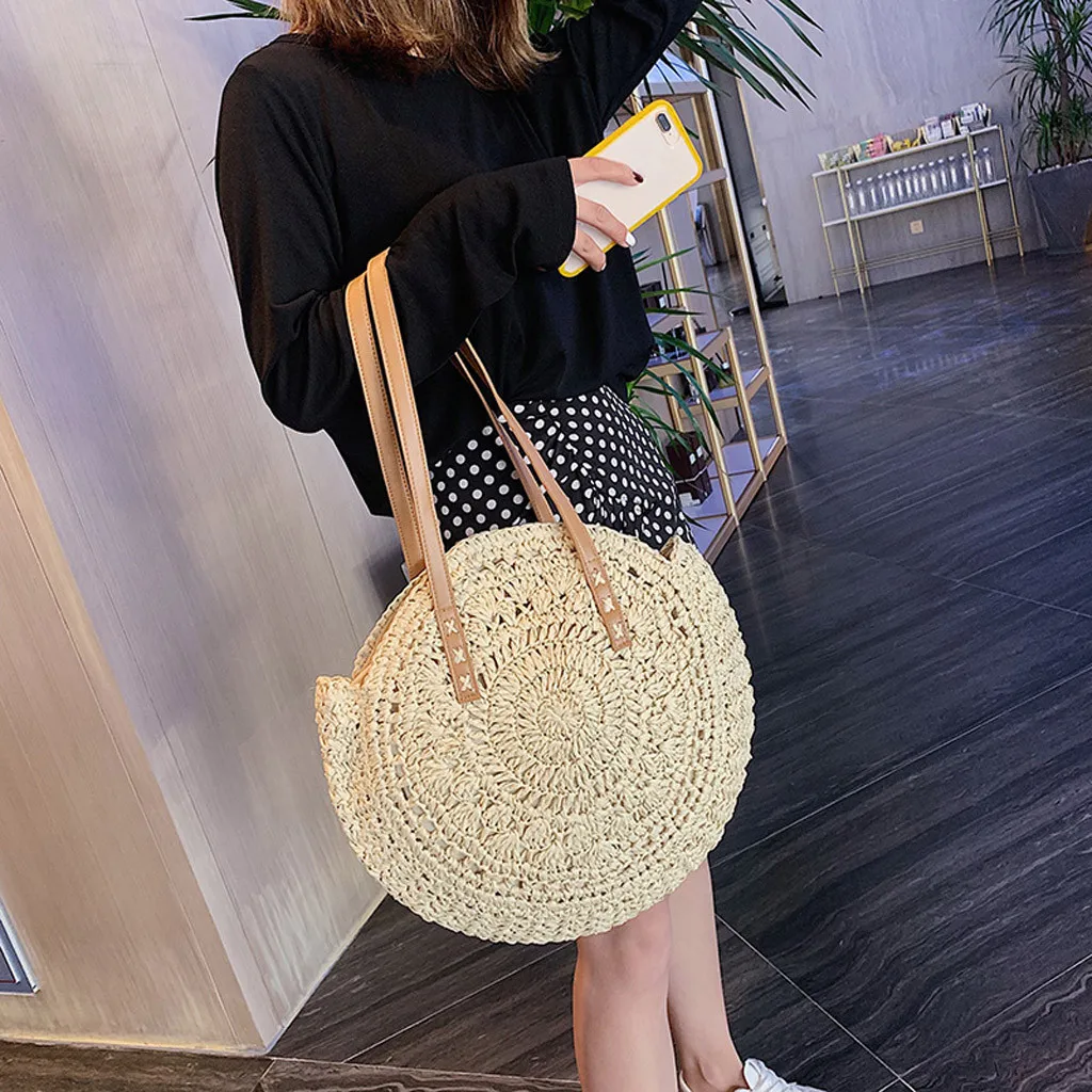 Casual Rattan Women Shoulder Bags Circle Straw Handbags Big Capacity Handmae Summer Totes Lady Round Boho Beach Treval Sac #j4s | Багаж и