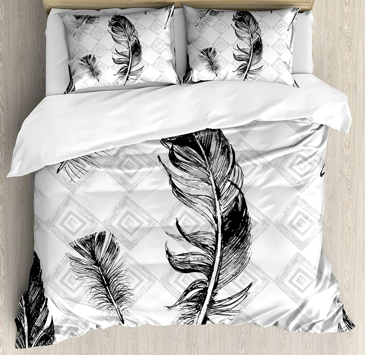 Feather Bedding Set Faded Geometric Nested Squares Mosaic Fluffy Wings Fly Duvet Cover Pillowcase Bedclothes Double Bed Set