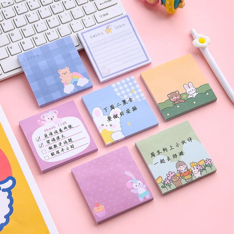

80Page Korean Ins Cartoon Sticky Notes Square Color Student Girl Hand Account Message Memo Pads Cute Office Planner Kawaii Decor