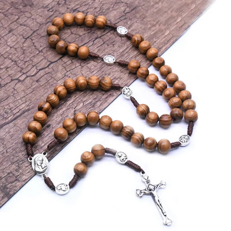 

Handmade 59 Rosary Pine Wooden 10MM Beads Alloy Cross Jewelry As Fashion Anniversary Party Present For Man And Woman