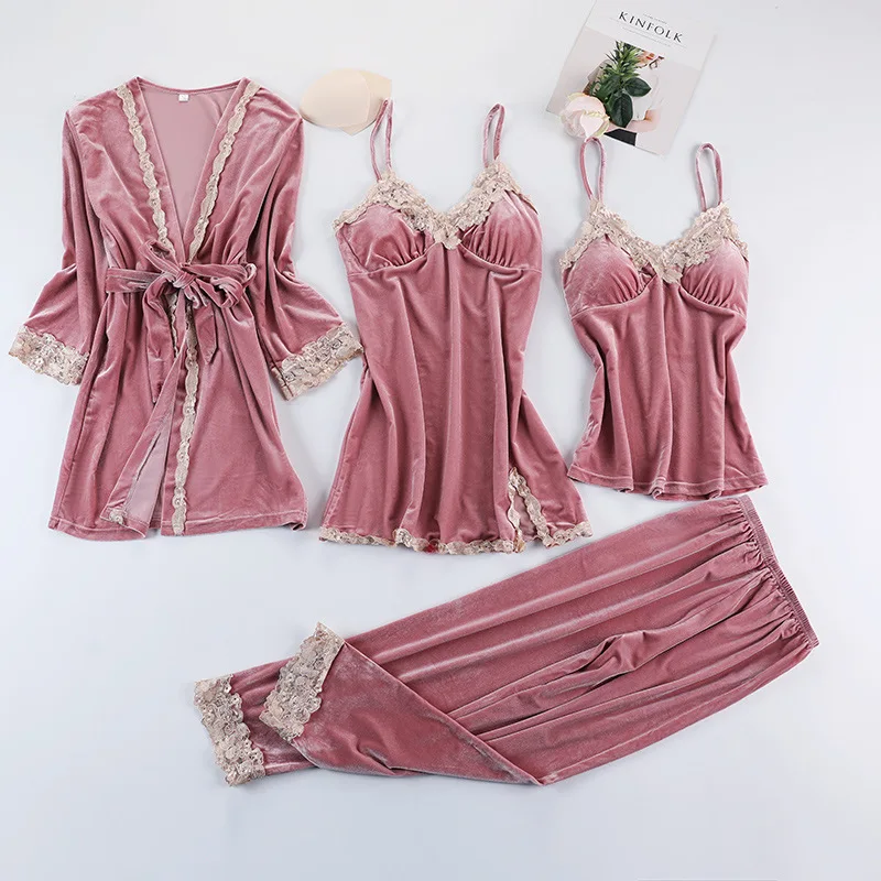 

FZSLCYIYI Women Velvet 4 Pieces Pajamas Sets Sling Winter Autumn Pyjama With Chest pad Sexy Lace Wine Red Robe Sleepwear