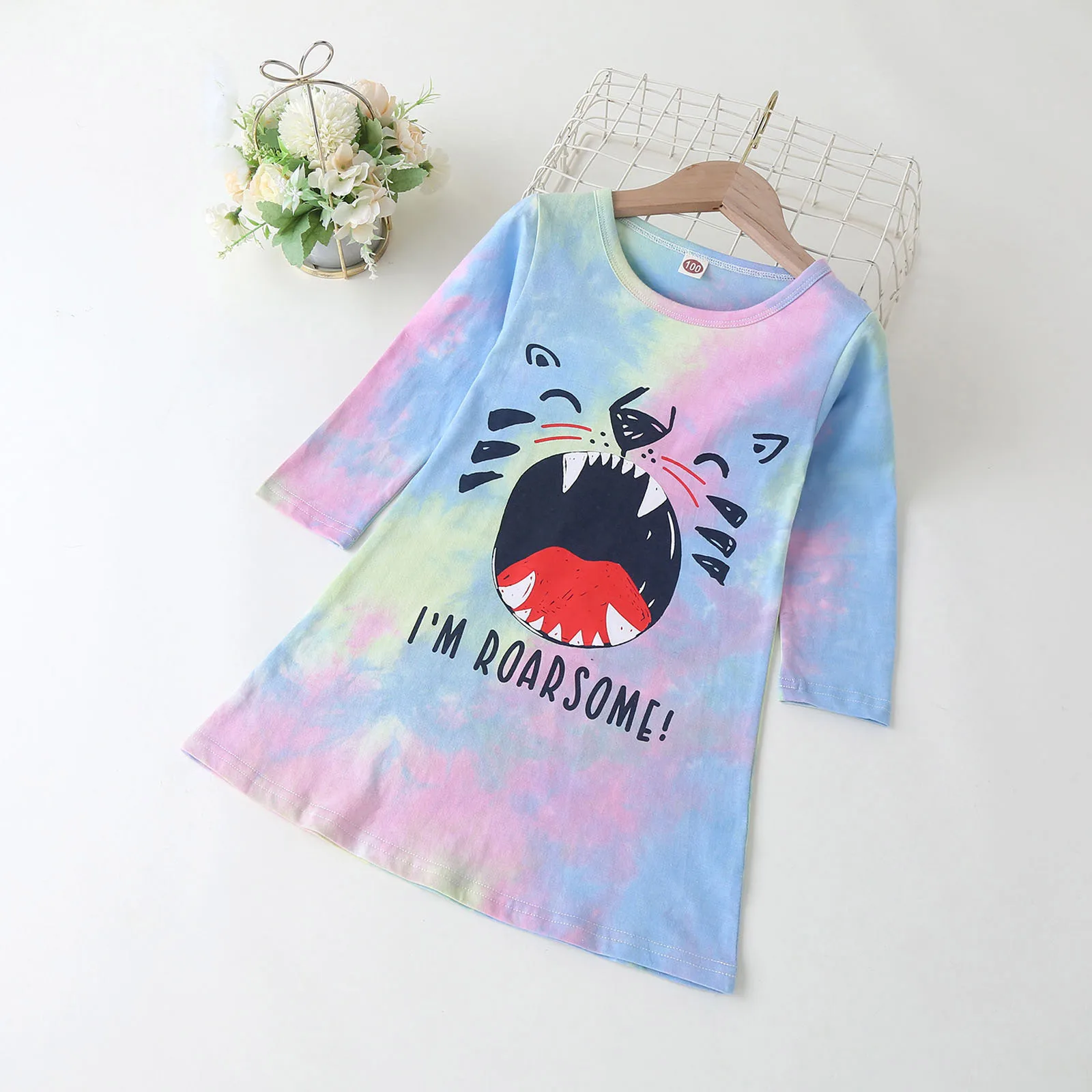 

Tie dye Cartoon Print Shirt Dress for 1-6Y Girls Cartoon Letter Tie-dye Long Sleeves O Neck Autumn Winter Dress Home Clothes