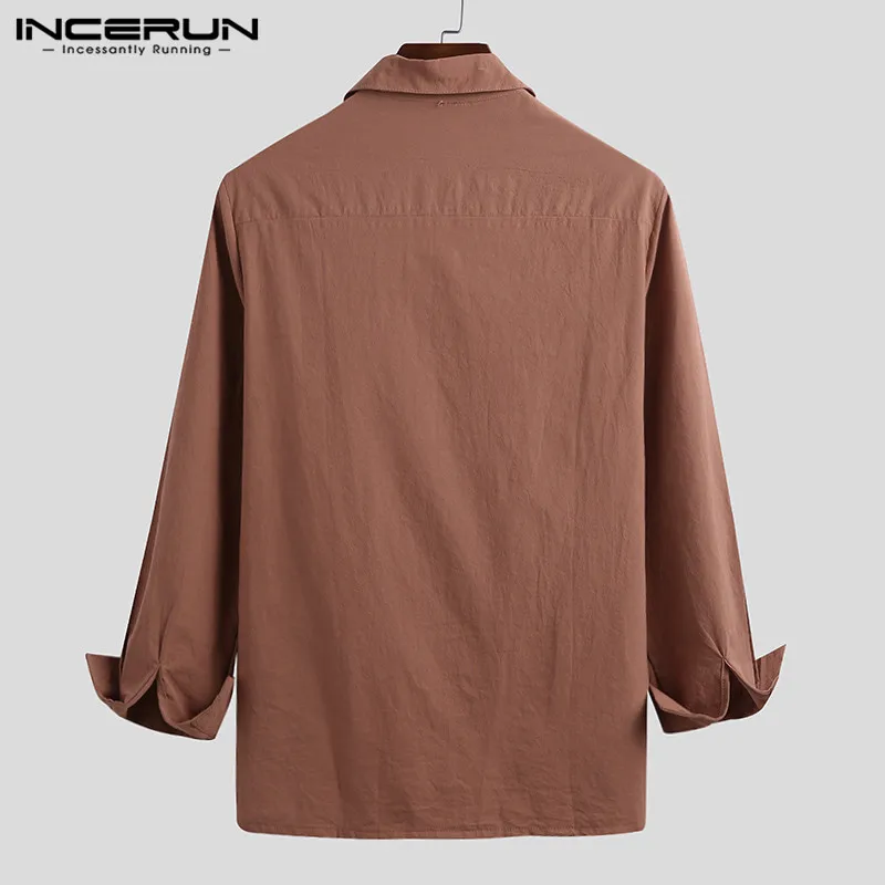 

Autumn Cotton Men Shirt Solid Color Turn Down Collar Long Sleeve Casual Brand Shirts Men Pockets 2021 Streetwear Camisas INCERUN