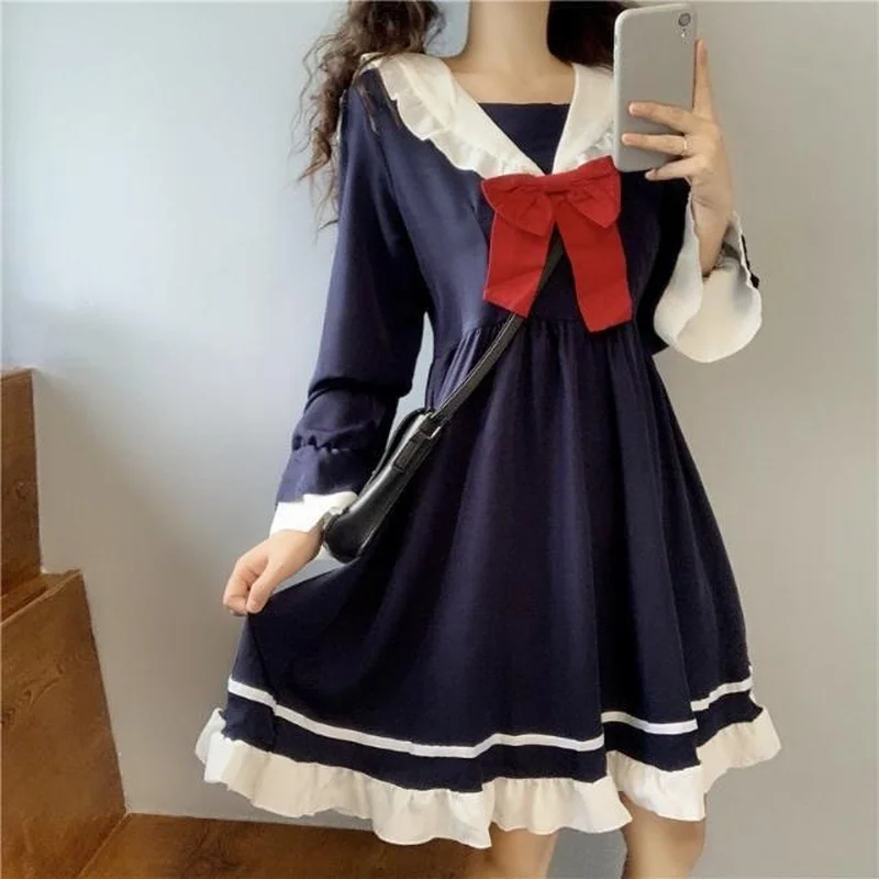 

Женская одежда на весну и осень, маленькое платье в стиле «лолита» для колледжа, милый матросский костюм в японском стиле JK, платье с длинным...