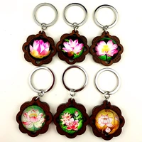 jiangzimei 24pcs 2020 new design beautiful pink lotus glass cabochon sweet and romantic women wood keychain jewelry wholesale