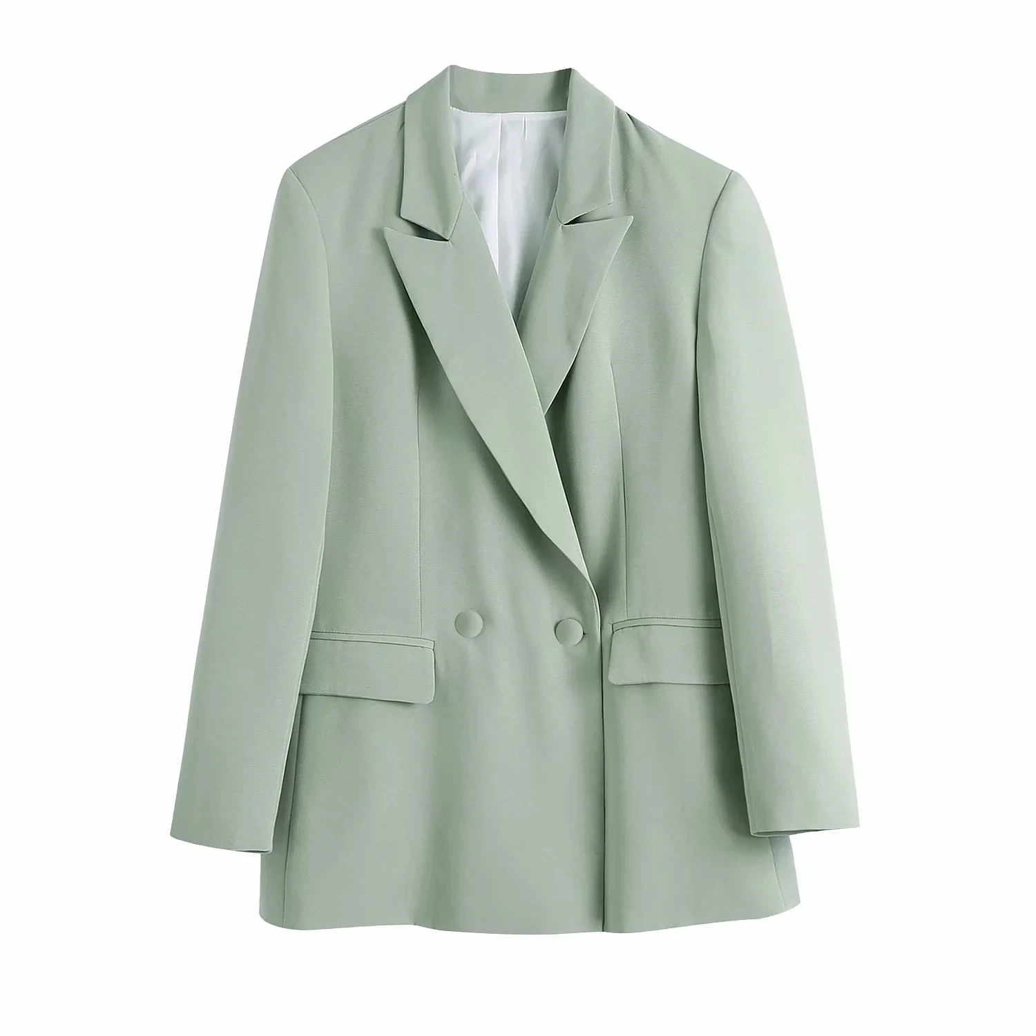 

Женский двубортный пиджак, светло-зеленая верхняя одежда с карманами, офисное пальто для женщин, 2021