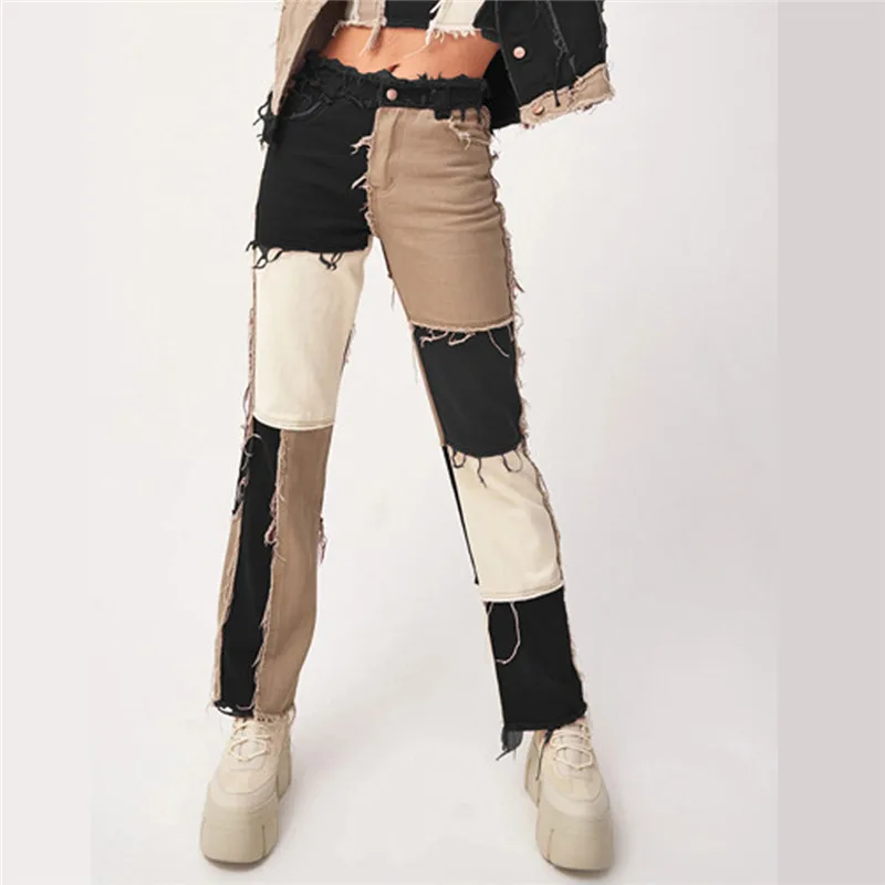 2021 Brown Straight Jeans For Girls Female Fashion Patched Women Vintage Denim Pants New High Waisted Trouser Harajuku Capris