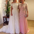 Розовые шифоновые платья для матери невесты с аппликацией и шлейфом