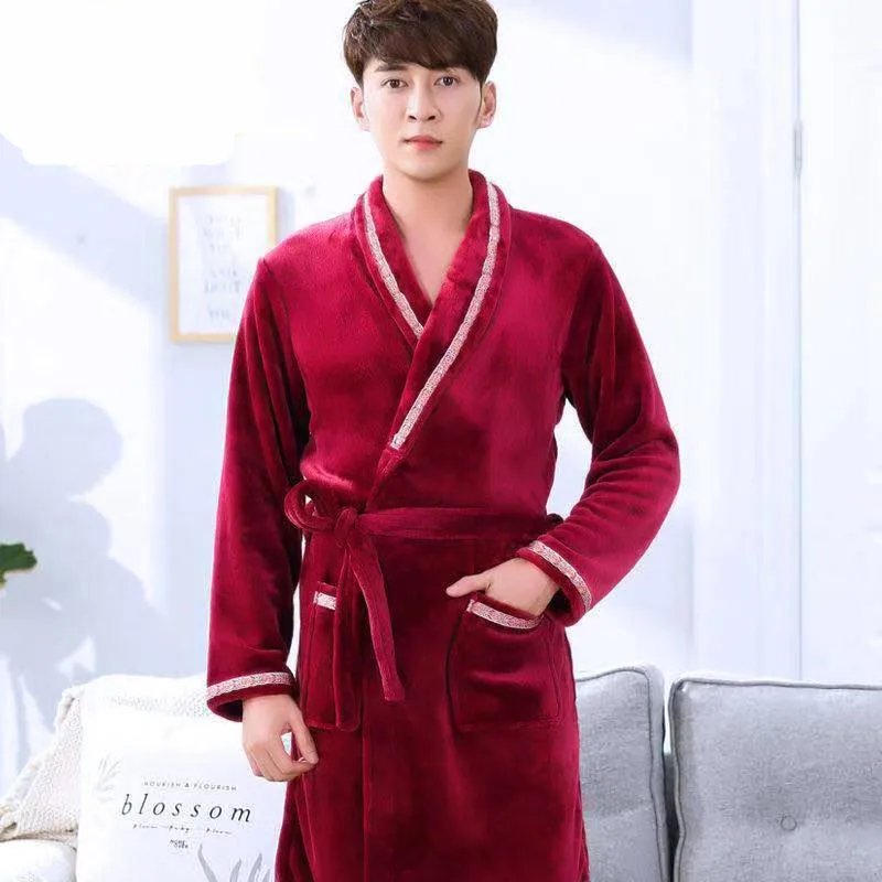 Bathrobe Men Winter Robe Plush Thick Flannel Long Sleeve Belt Kimono Men's Casual Home Sleepwear 2019 Sexy Man Pyjamas
