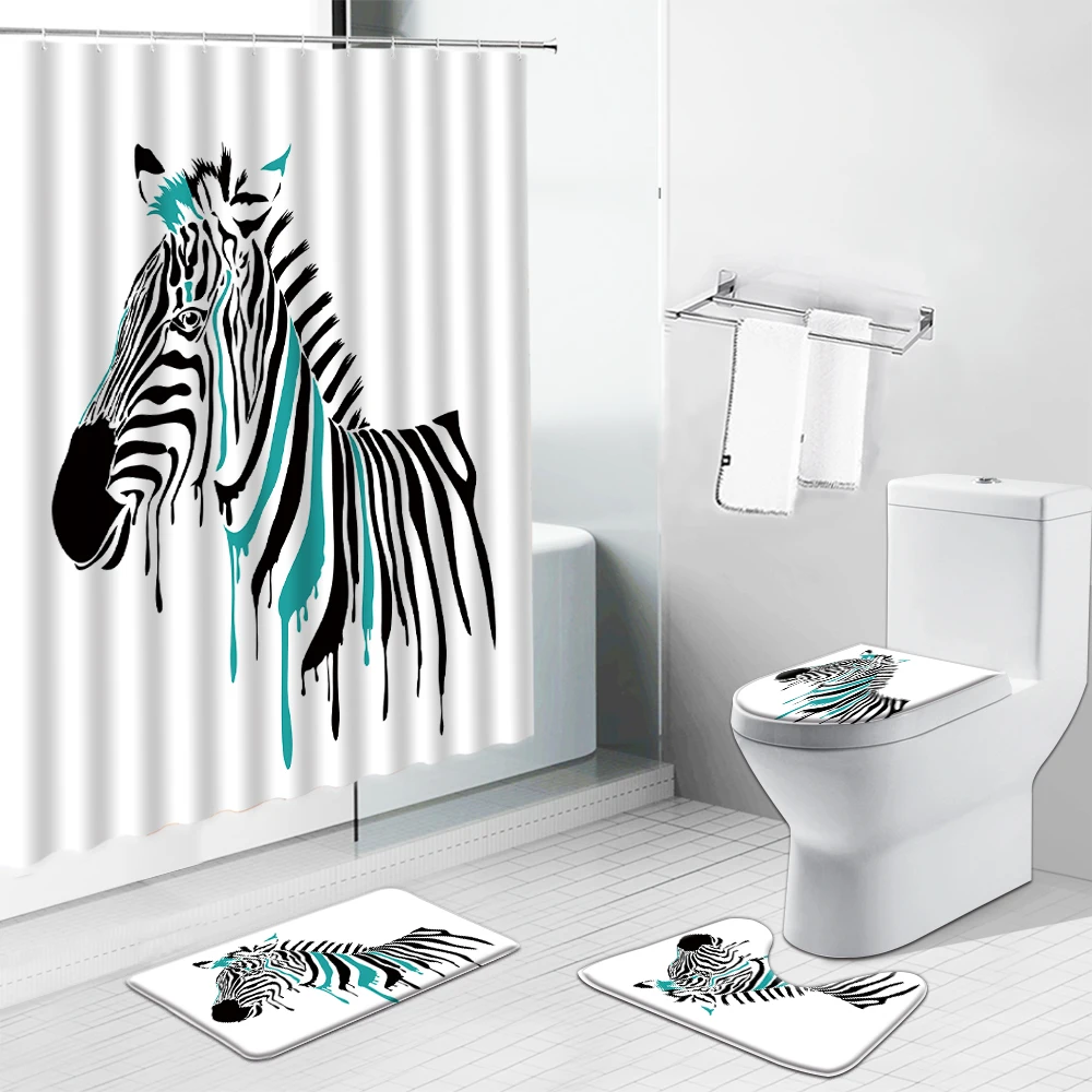 Kopen Zebra Bloem Douchegordijn Tijger Olifant Giraffe Non Slip Tapijten Wc Deksel Cover Tapijt Mat Cartoon Dier Badkamer Gordijn Set
