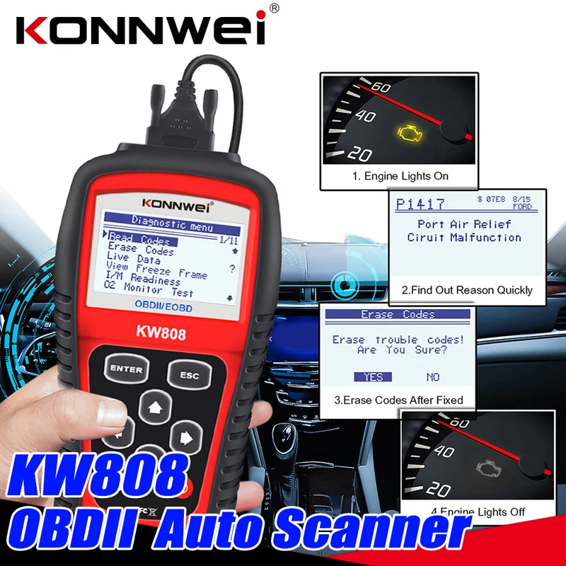 KONNWEI KW808 OBD2 Diagnostic Scanner Auto Car Automotive OBD Code Reader Engine Fualt Reset Tool Light Scanning Machine OBDII | Автомобили