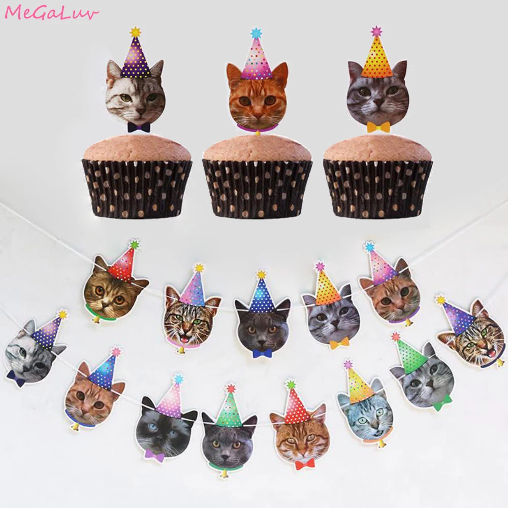 

1set Pet Theme Party Cat Dog Birthday Banner Flags Cupcake Topper Cartoon Animals Cake Decoration Kids Favor Party Supplies
