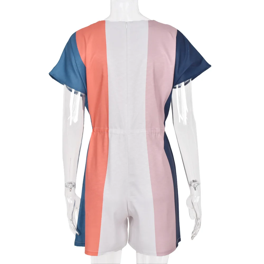 

Loose V-Neck Drawstring Stripe Contrast Short Sleeve Rompers Womens Jumpsuit Fashion Straight Playsuit