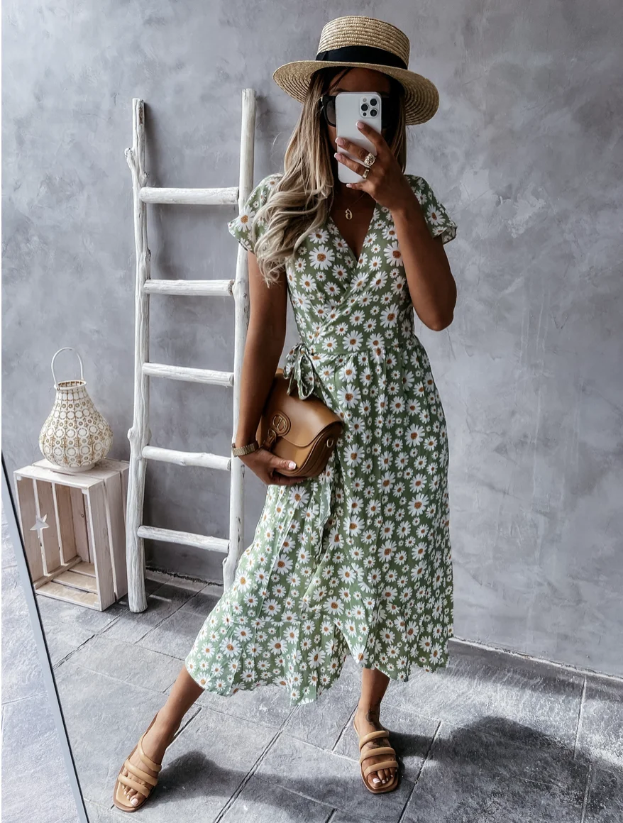 

2021 Summer Beach Maxi Dress Women Floral Print Boho Long Chiffon Dress Short Sleeve Wrap Casual V-Neck Sexy Party Dress Robe