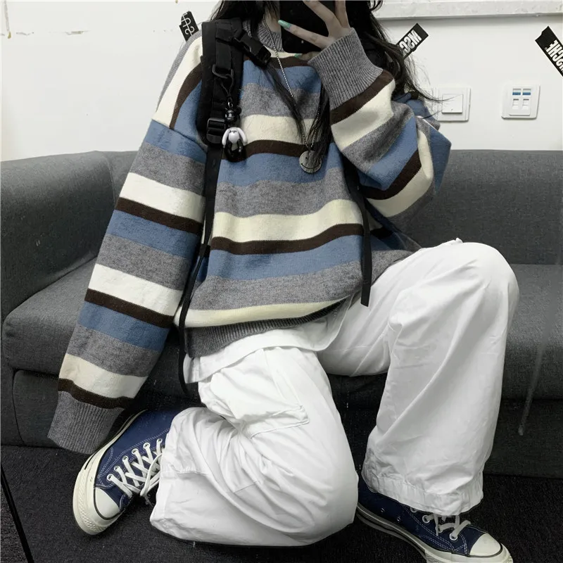 Осенняя уличная одежда женский длинный рукав свободный полосатый вязаный свитер