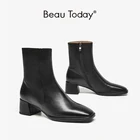 Женские ботильоны из натуральной овечьей кожи, ботинки на среднем каблуке с квадратным носком и боковой молнией, ручная работа BeauToday 03885