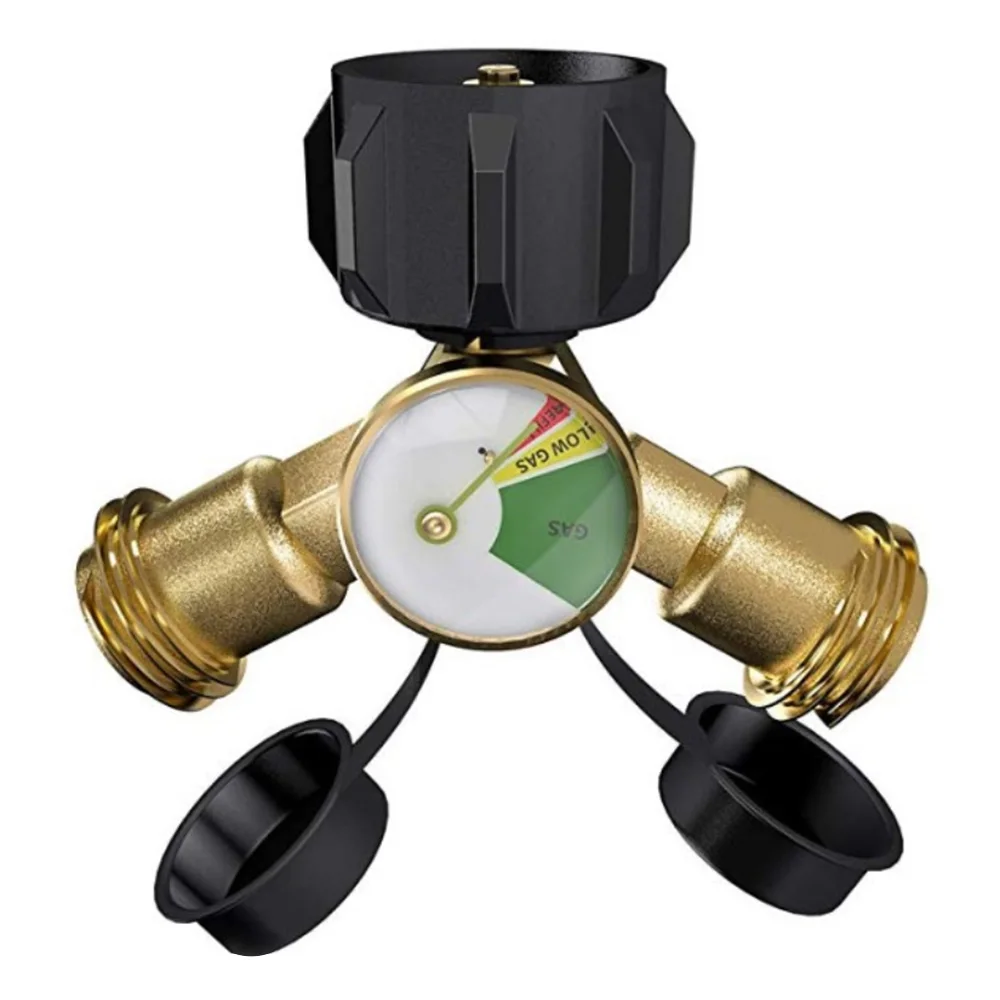 

Propane Y-Splitter Camping Gas Stove Adapter with Gauge 2 Way LP Gas Adapter Fishing Hiking BBQ Tee Connector Stove Accessories