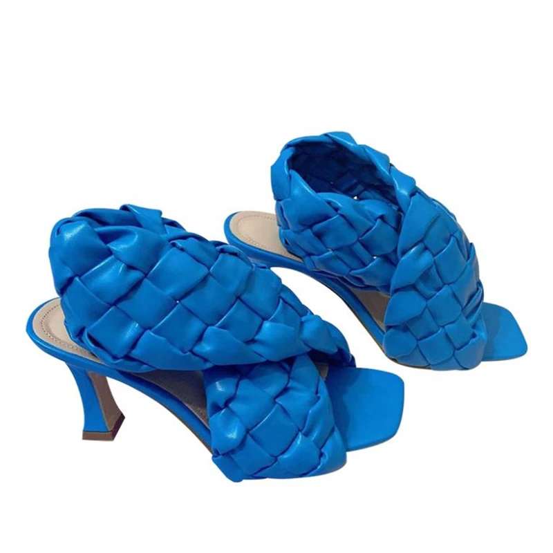

2021 Fashion Weave Leather High Heels Shoes Women Sandals Luxury Designer Ladies Pumps Square Toe Female Beach Sandals Slides
