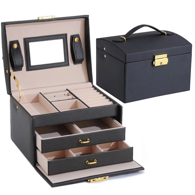 

WL2021pu Leather Large-Capacity Jewelry Box With Lock Multi-Layer Portable Jewelry Storage Box Safety Beauty Travel Box Earring