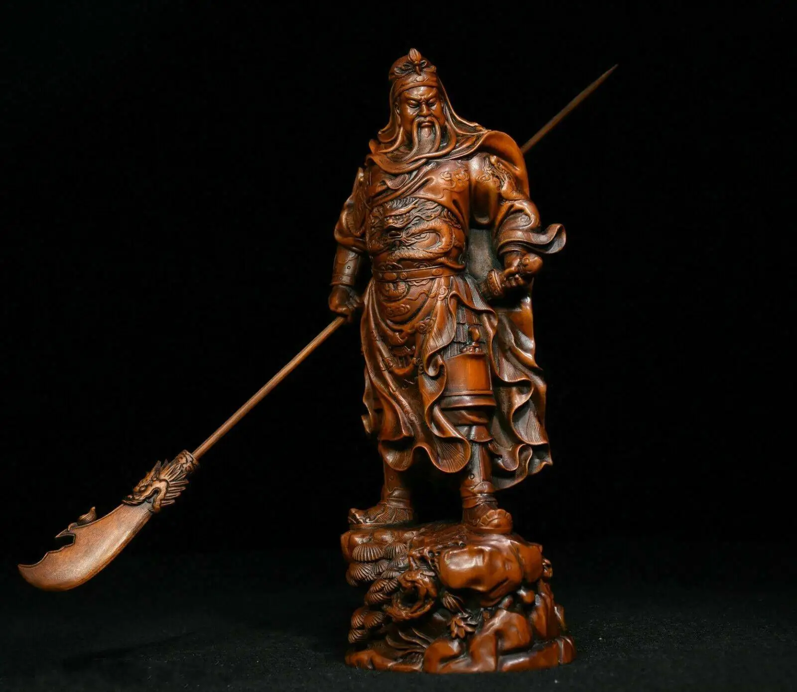 

8" Old Chinese Folk Boxwood Wood Carved Dragon Warrior Guan Gong Yu God Statue