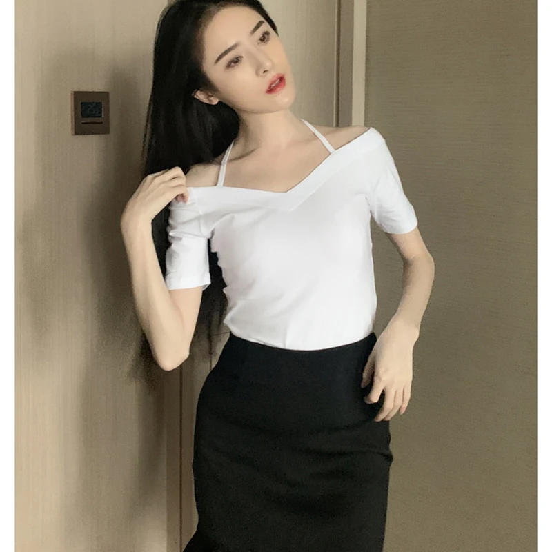 Топ с открытыми плечами футболки для женщин 2020 Лето V образным вырезом Футболка