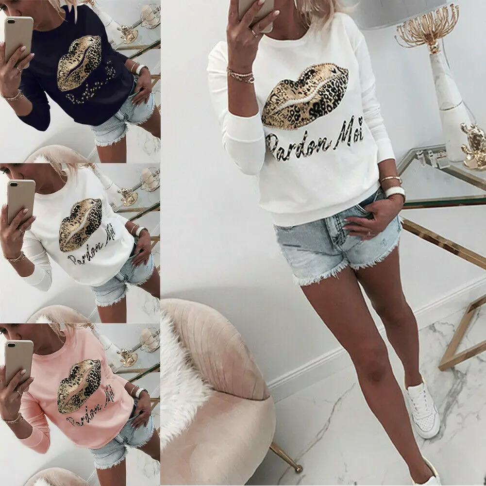 

Повседневная Женская толстовка с круглым вырезом и принтом «губы из бисера», пуловер, джемпер с длинными рукавами