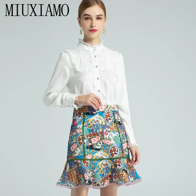 

MIUXIMAO 2021 Spring Summer Flower Print Lace O-neck Long-sleeve Shirt + Ruffles Mini Skirt Set Two-piece Set WomenVestidos