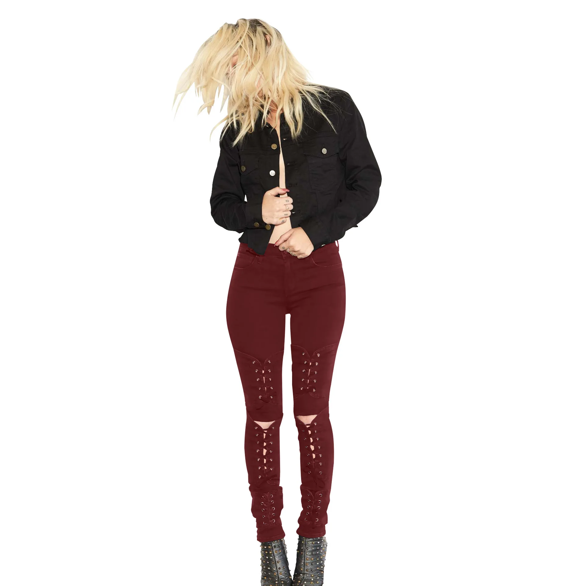 Dark red Новые узкие женские джинсы с завязками, мягкие, слегка вымытые, сексуальные, облегающие, до колен, модные штаны для женщин и девушек - Цвет: Dark red