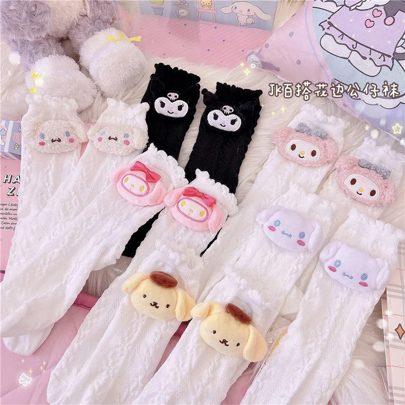 

Anime Cartoon My Melody Kuromi KT Cat Cinnamoroll Kawaii New Plush Knitted Socks Cute Flower Edge Girl Lolita Middle Tube Socks