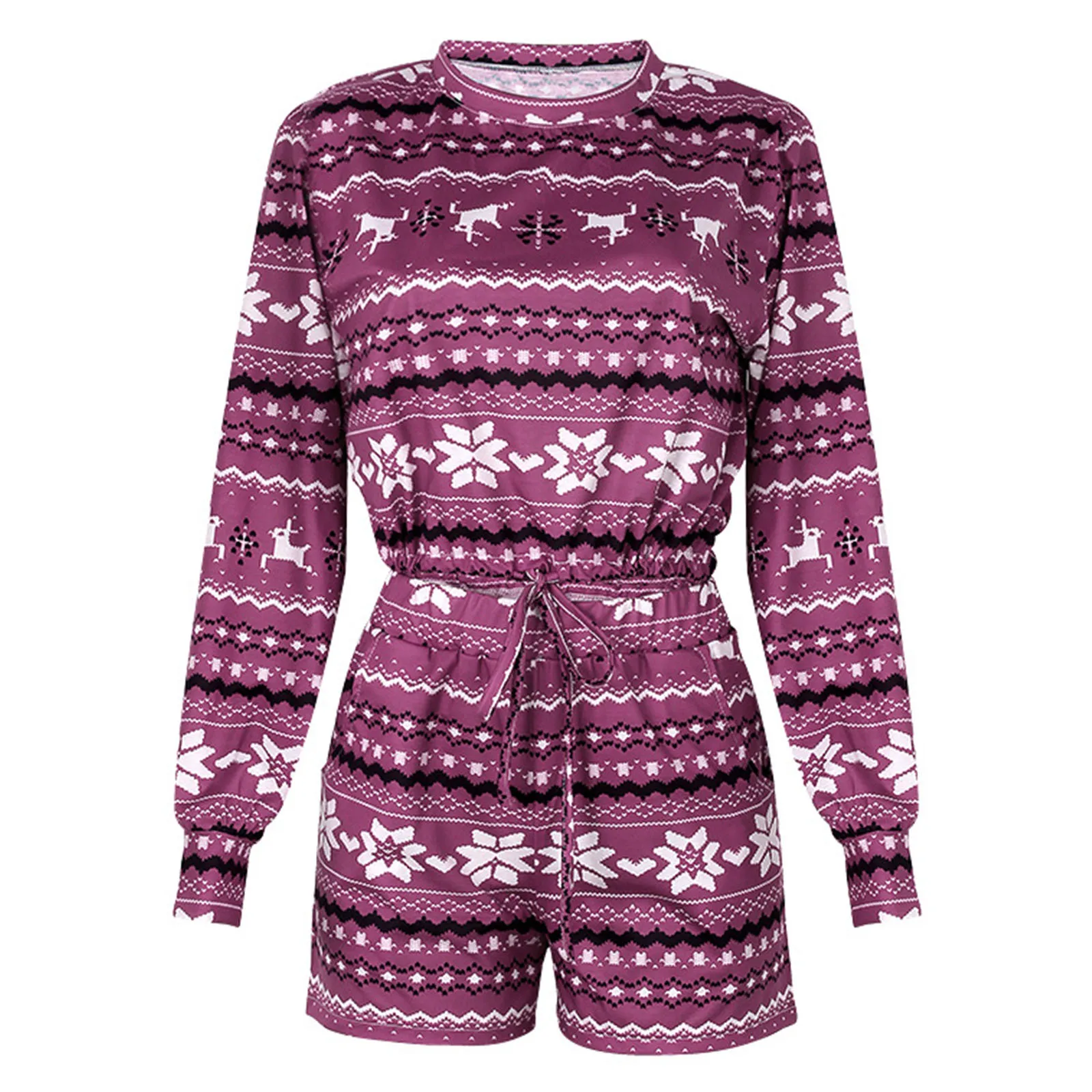 

Women Christmas Snowflakes Printing Pajama Set Long Sleeve Drawstring Tops with Shorts Causal Nightwear Girls Loungewear