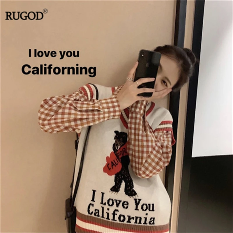 RUGOD 2019 Новый женский мультяшный вязаный свитер жилет или клетчатая рубашка Милая