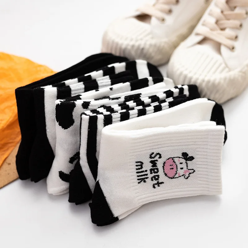 

Cow Printed Sock Lovely Harajuku Japanese Style Cotton Women Socks Striped Solid Breathable Casual Cartoon Socks New Arrivals