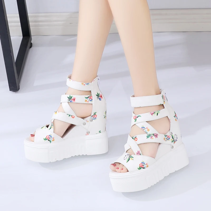 

2021 Summer shoes Women Print Wedge Sandals Super High Heels Platform Shoes Woman Sexy Peep Toe Cross Strap Gladiator Sandalias