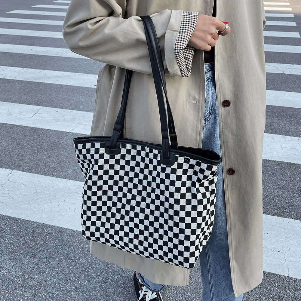 

Fashion Checkered Print 2pcs Composite Bags Cloth Shoulder Bag Pouch Female Large Capacity Shopping Bags Women Tote Handbags