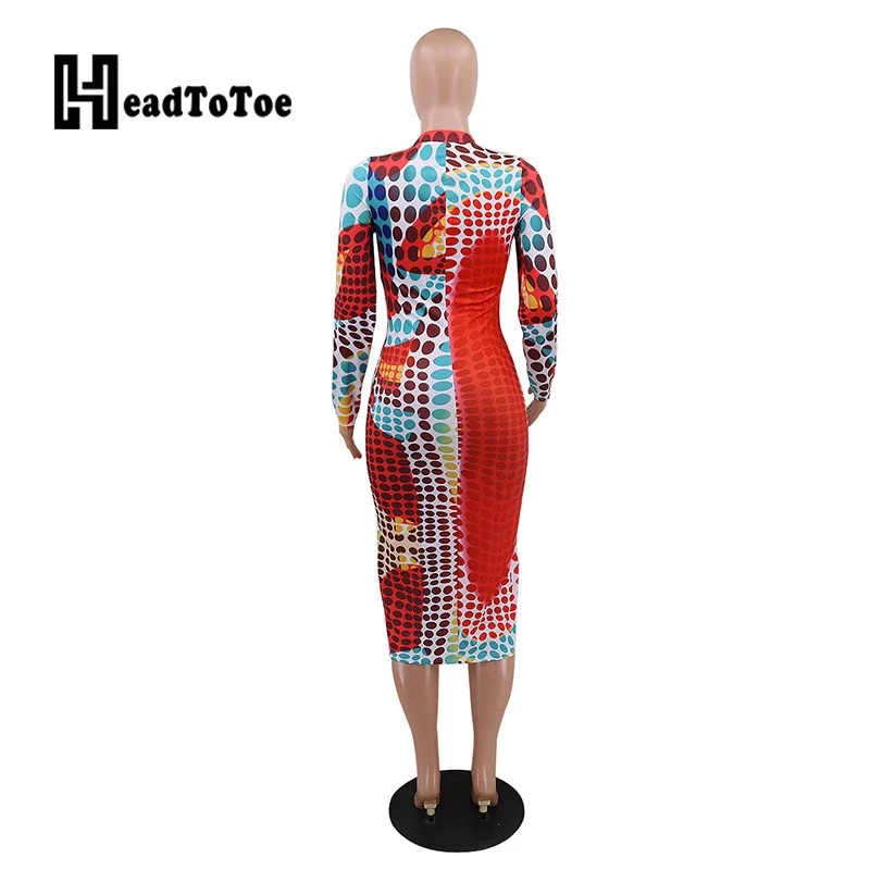 

Fashion Dot Printed Mock Neck Long Sleeve Bodycon Dress Women Autumn Casual Brief Mid-calf Dress