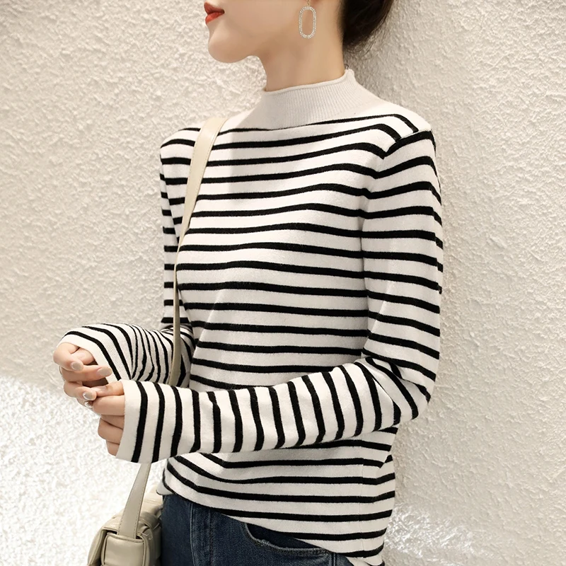 

women's sweater half turtleneck striped white black long sleeves pullover spring knitted short casual sweaters top