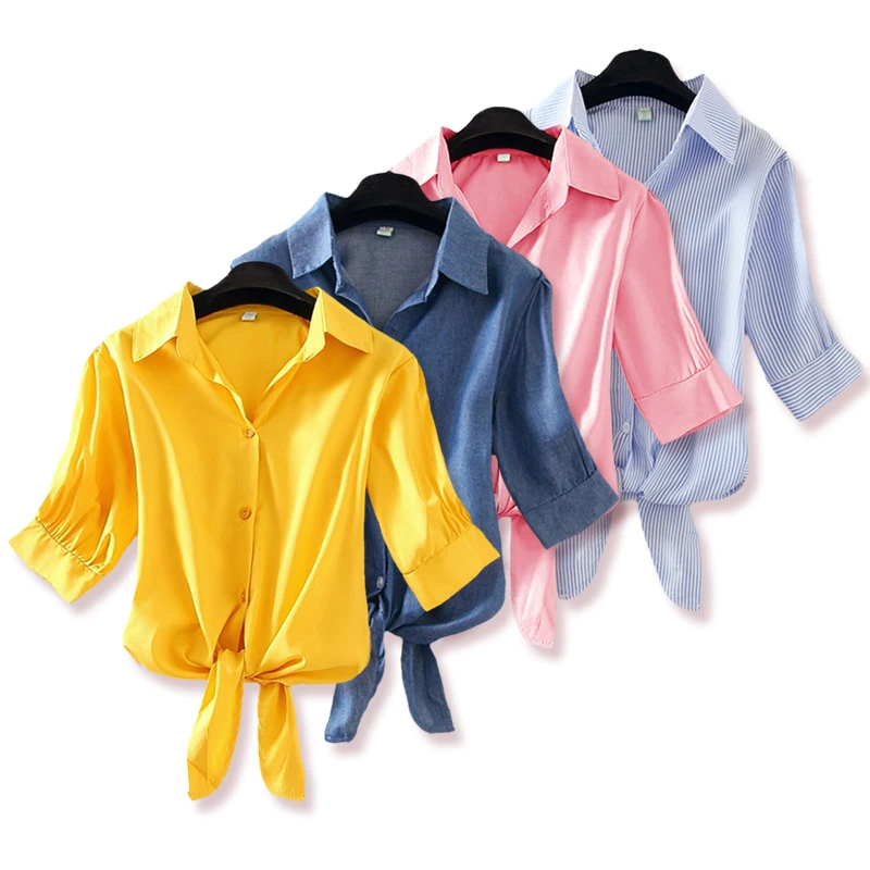 Женская синяя блузка с коротким рукавом Повседневная Свободная рубашка для