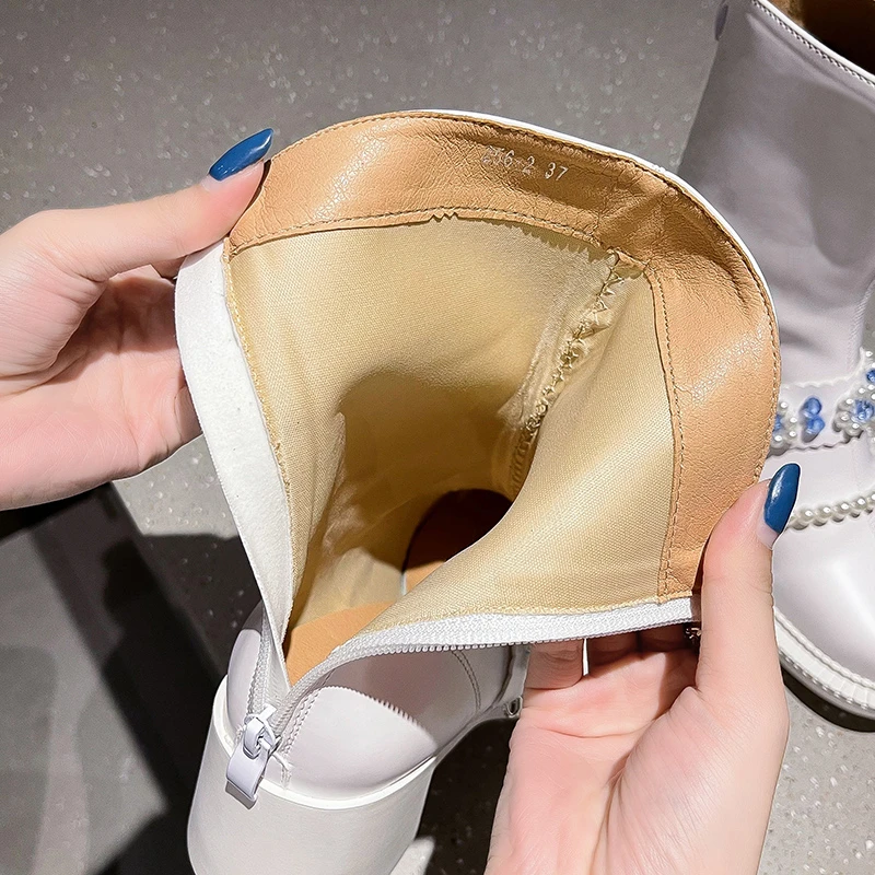 

Fashion Modern Boots Women Shoes For Women 2021 Lovely Round Toe Solid Rhinestones Pearl Female Shoes High Heels Boots