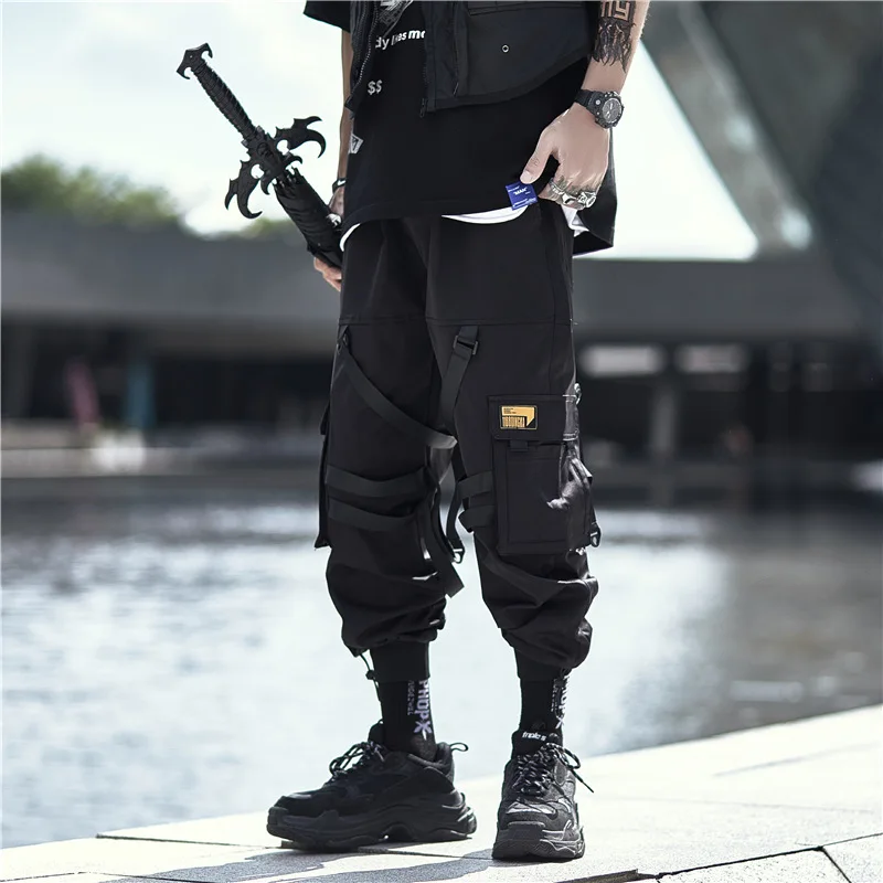 2020 в стиле хип штаны Jogger Уличная Брюки Карго карманы Swag ленты Harajuku Для мужчин