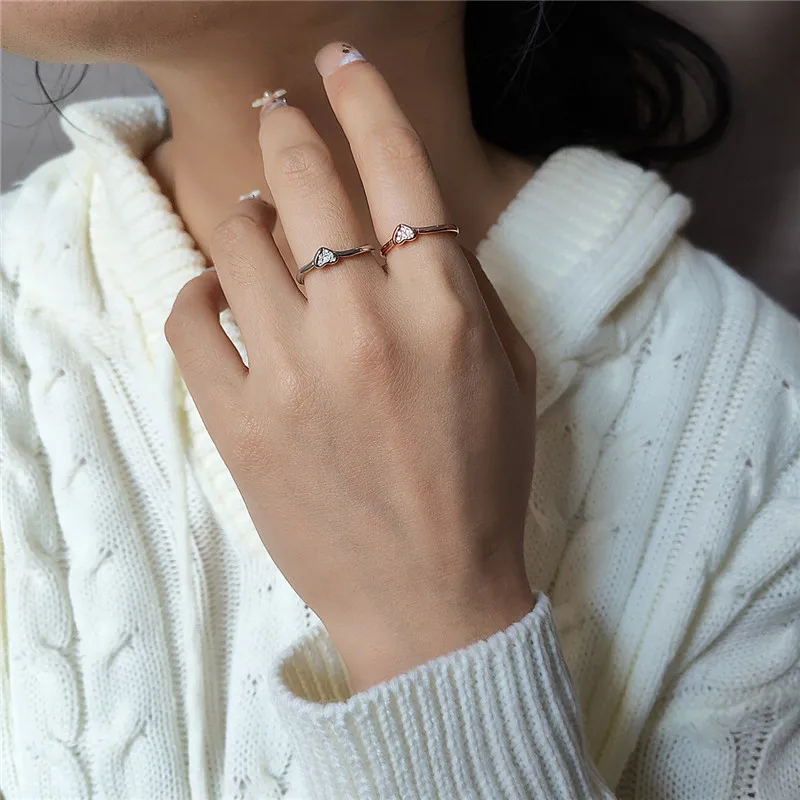 

Trendy Silver Plated Rings Girls Jewelry Vintage Crystal Heart Women Finger Ring Gold Accessories Open Female Rings Bijou