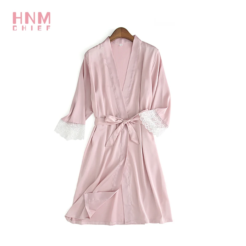 

HNMCHIEF Pink Bathrobe Lace stitching Satin Long Women Wedding Bride Bridesmaid Robe Nightgown Sleepwear Kimono Size M L XL XXL