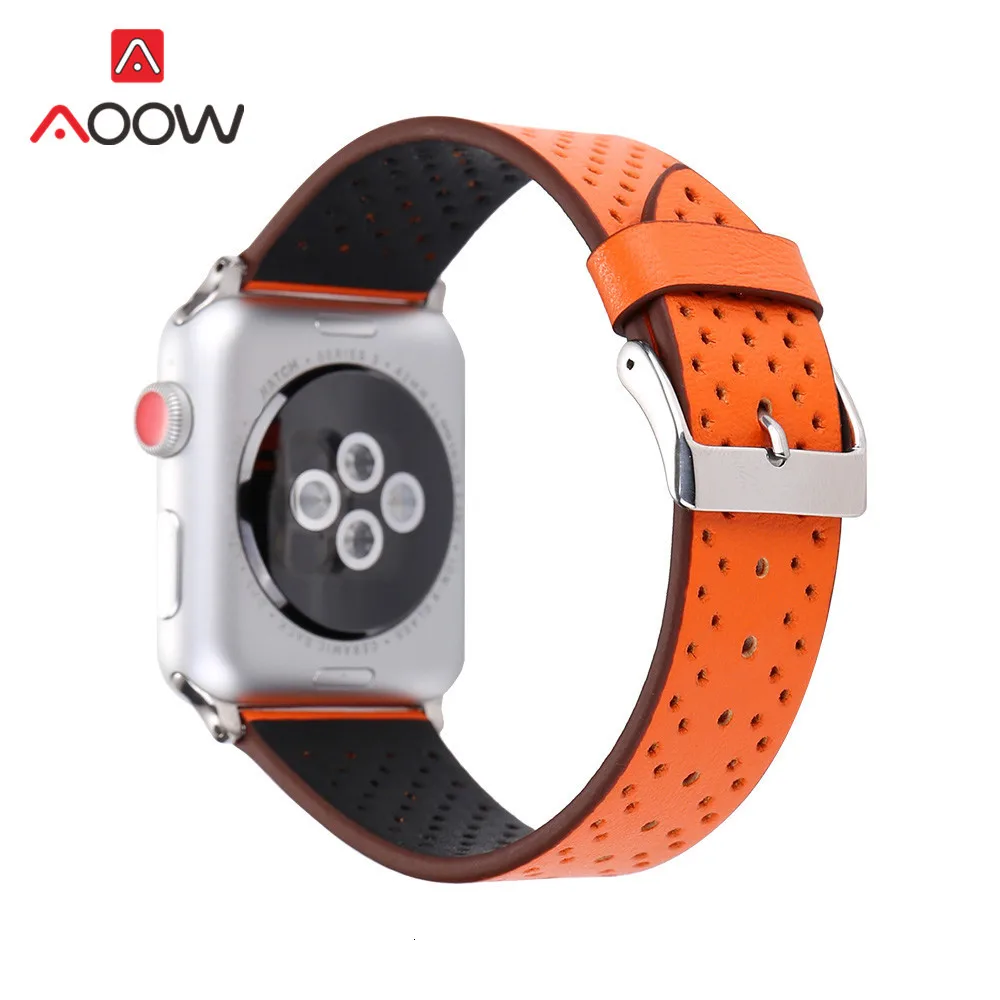 Ремешок для часов из натуральной кожи для Apple Watch, 38 мм, 42 мм, дышащий ремешок для мужчин и женщин, ремешок для iwatch 1, 2, 3, 4