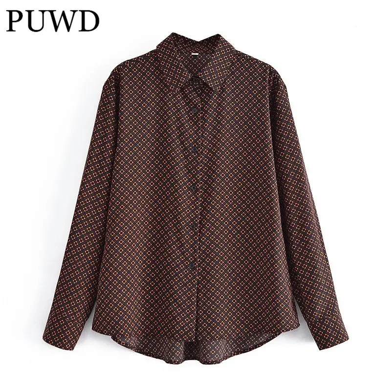 

PUWD Casual Women Turn-down Collar Blouse 2021 Autumn Fashion Ladies High Street Vintage Shirt Female Print Shirt Top