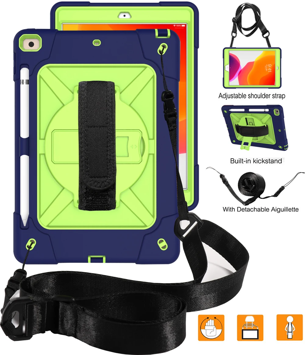 dark blue green Чехол для планшета для iPad 10,2 7-го поколения 10,", детский сверхпрочный защитный чехол, вращающаяся подставка/ремешок на руку+ плечевой ремень - Цвет: dark blue green