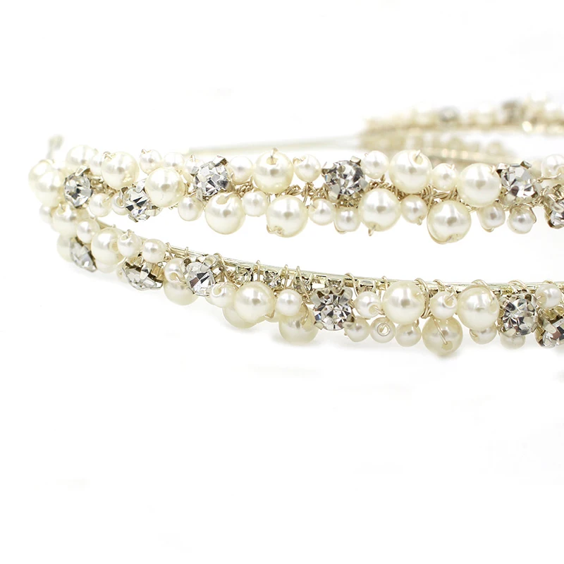 

NiuShuya White Crystal Bridal Hairbands Crown Handmade Pearl Double Layer Wedding Headpieces Crown Headband For Bride