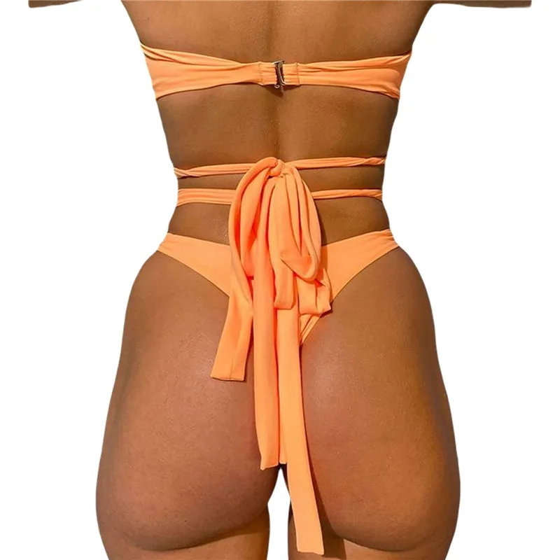 

Women Summer Holiday Swimwear Floral Print/Solid Color Hollow Out Lacing Strapless Backless Swimsuit for Girls Lady Bikini Set