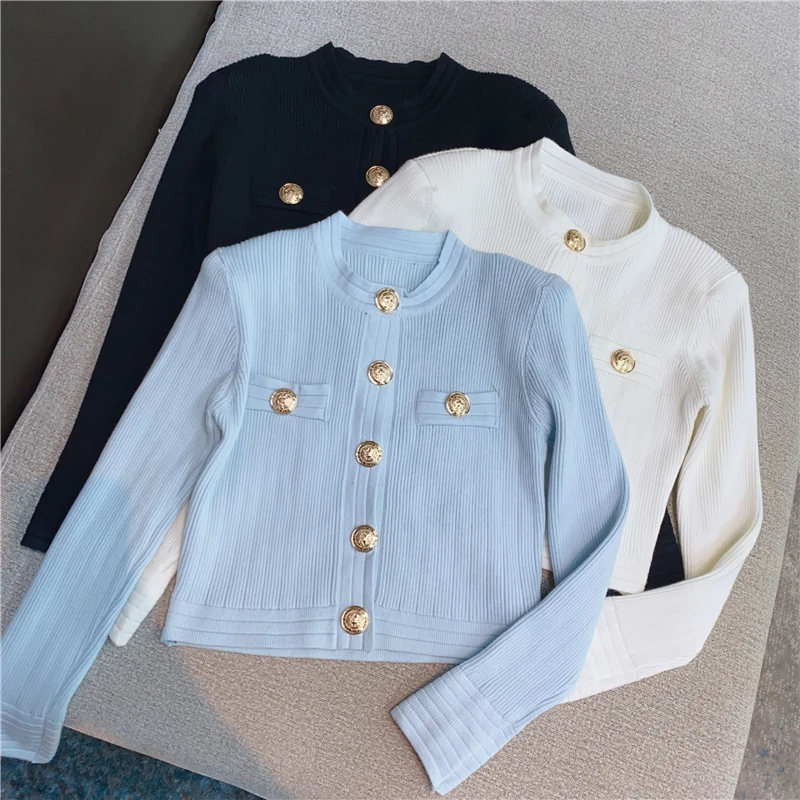 

Han edition brim spot new winter knitting coat show thin brass buckle long-sleeved round collar knitting coat jacket