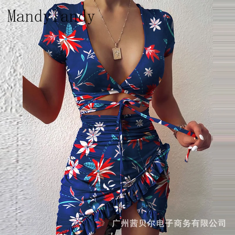 

Mandylandy V-neck Sexy Dress Women Shorts Sleeve Sheath Bodycon Mini Dresses Hollow Lace-up Ruffled Mini Bandage Dress Club Wear