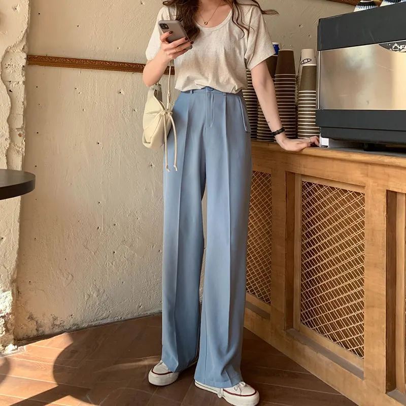 

SML 3colors korean style solid color suit straight trouser female spring and autumn 2021 high waist long pants womens (X1749)